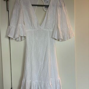 White Embellished Mini Sundress with Plunge Neckline and Bell Sleeves